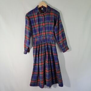 VTG NANTUCKET Flannel Dress Sz 4 Red/Blue Plaid Button-Up Long Sleeve Fit Flare